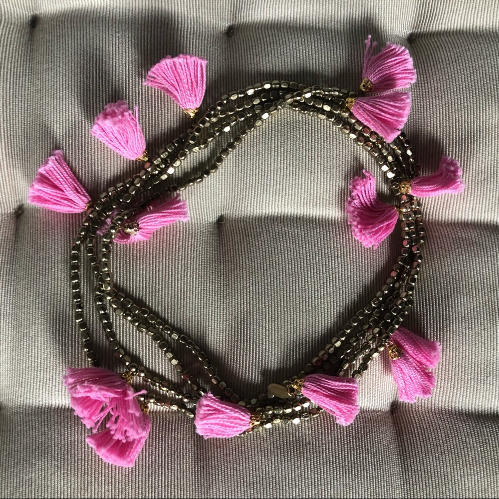 Gold Beads & Pink Tassel 35 Inch Necklace. NWOT.